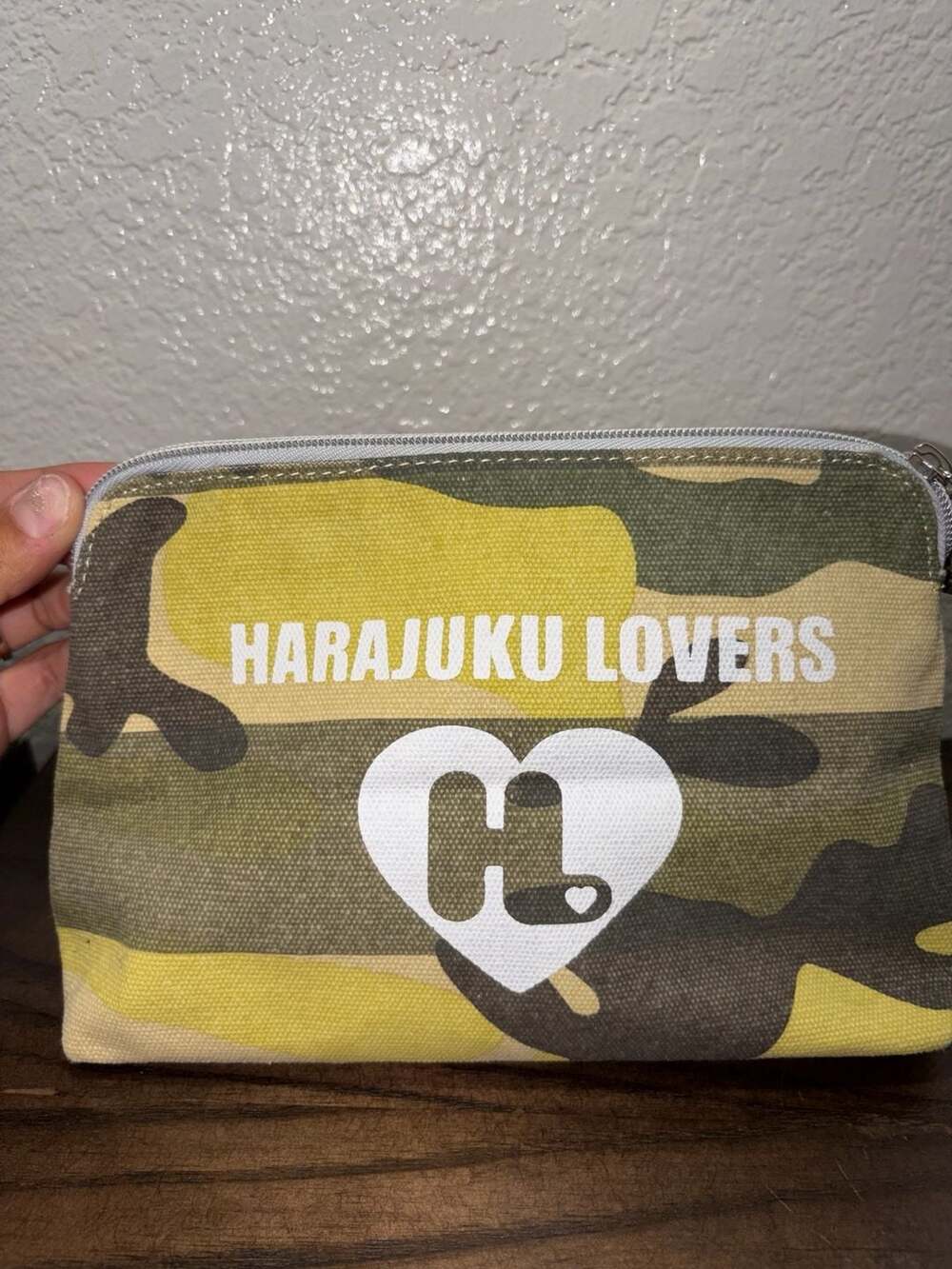 Harajuku Lovers Camo Print Cosmetic Pouch with Heart Key Charm